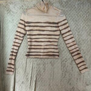 Womens Small T Shirt Sheer Brown Beige Turtle Neck Striped Long Sleeve Layer